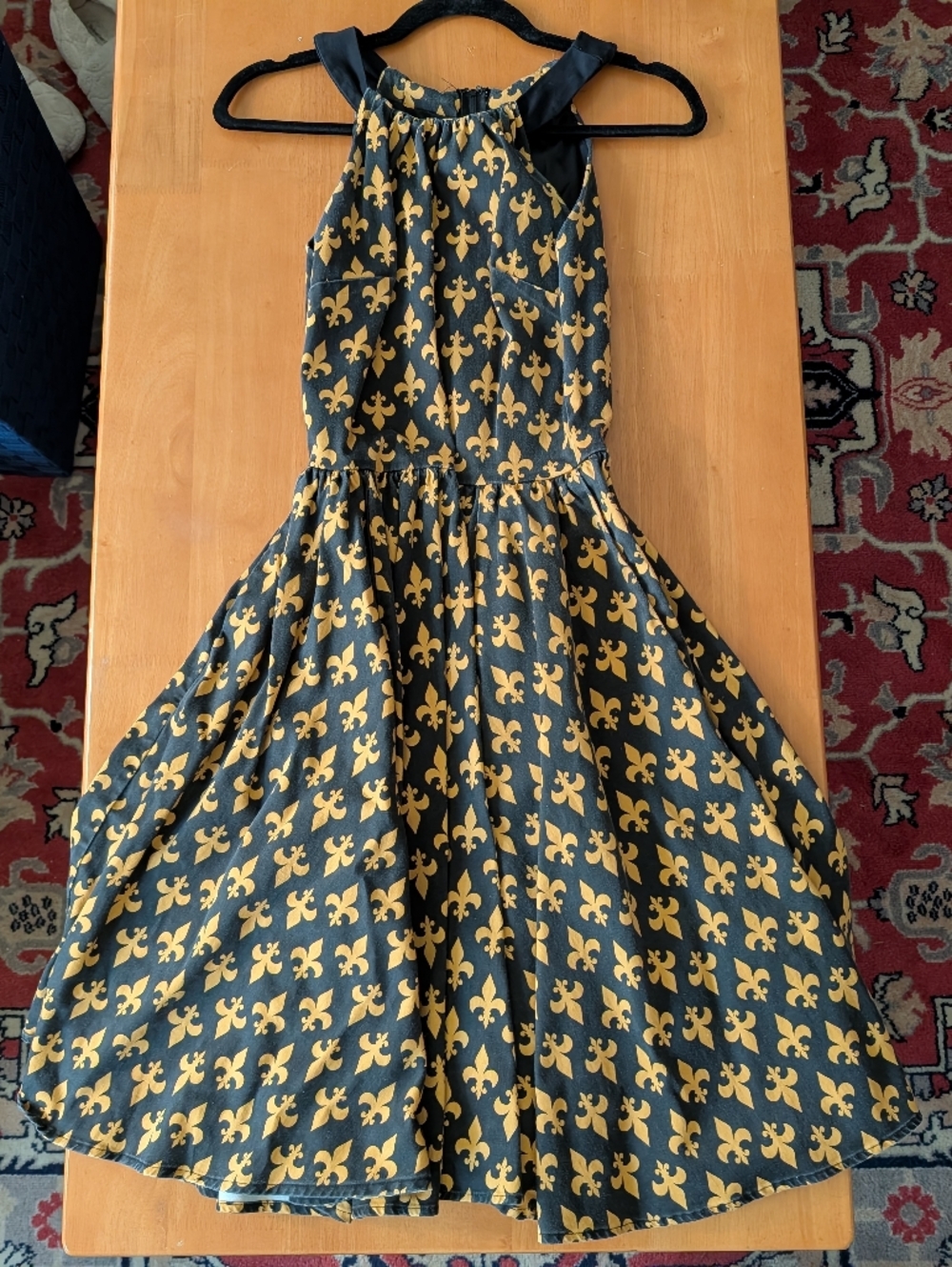Pinup Girl Clothing Harley Dress in Black and Gold Fleur De Lis Print
